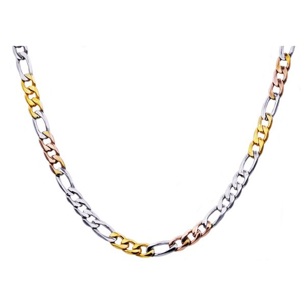 Men's Yellow Gold And Gold Stainless Steel Figaro Necklace SVS Fine Jewelry Oceanside, NY