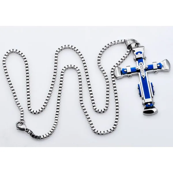 Men's Blue Stainless Steel Cross Pendant Image 2 SVS Fine Jewelry Oceanside, NY