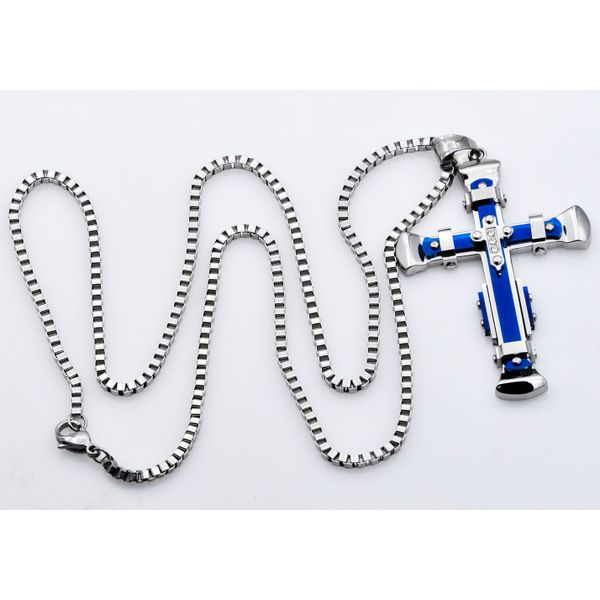 Men's Blue Stainless Steel Cross Pendant Image 2 SVS Fine Jewelry Oceanside, NY