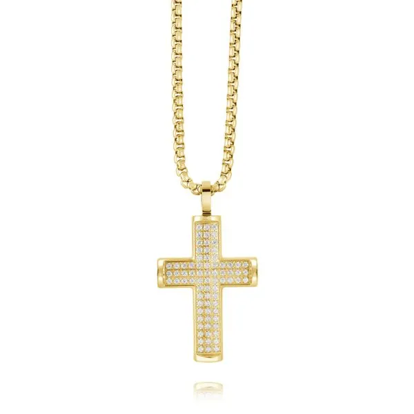 Men's Gold IP Steel & CZ Polished Cross, 22