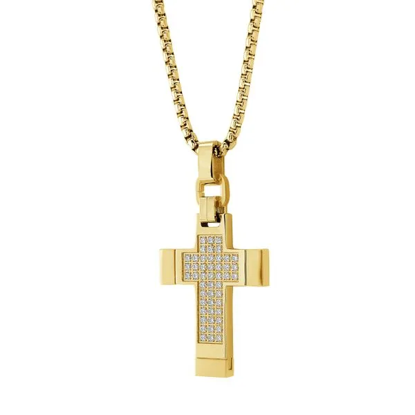 Men's Gold IP Steel & CZ Cross, 22