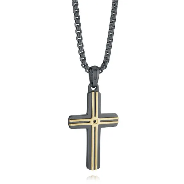 Men's Gold & Black IP Steel & Black CZ Cross SVS Fine Jewelry Oceanside, NY