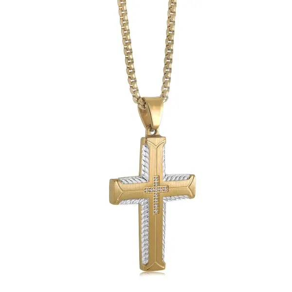 Men's Gold IP Steel & CZ Etched Cross, 22