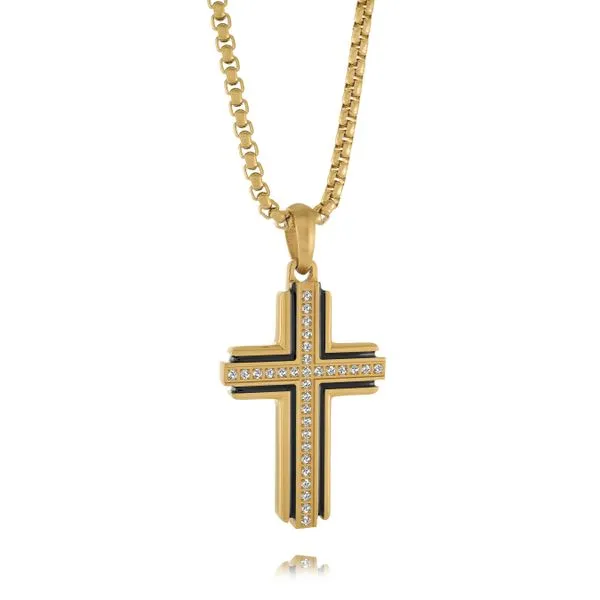 Men's Gold IP Steel & CZ Cross Necklace SVS Fine Jewelry Oceanside, NY