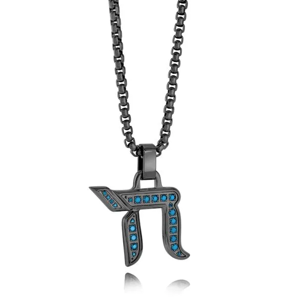 Men's Gun IP Steel & Blue CZ Chai Necklace SVS Fine Jewelry Oceanside, NY