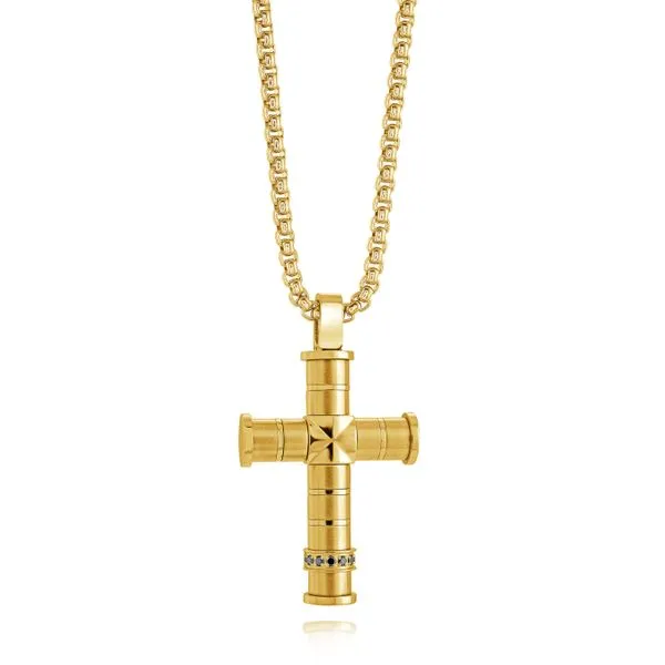 Men's Gold IP Steel & Black CZ Cross SVS Fine Jewelry Oceanside, NY