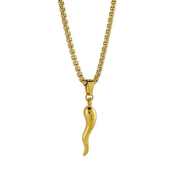Mens Gold IP Steel Horn Pendant Necklace