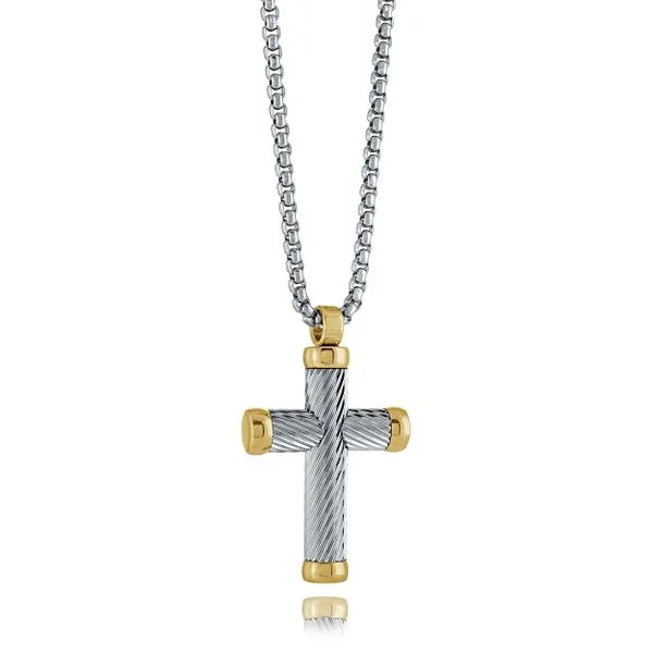 Men's Gold IP Steel Twist Line Cross Necklace SVS Fine Jewelry Oceanside, NY