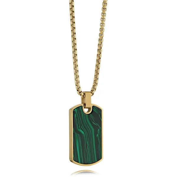Mens Gold IP Steel Malachite Dogtag Necklace