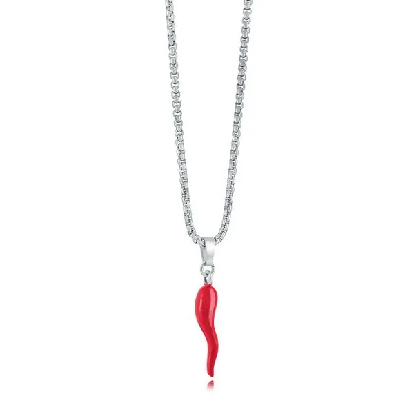 Mens Stainless Steel Red Enamel Horn Necklace
