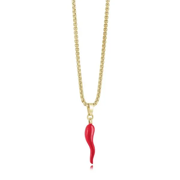 Mens Gold IP Steel Red Enamel Horn Necklace