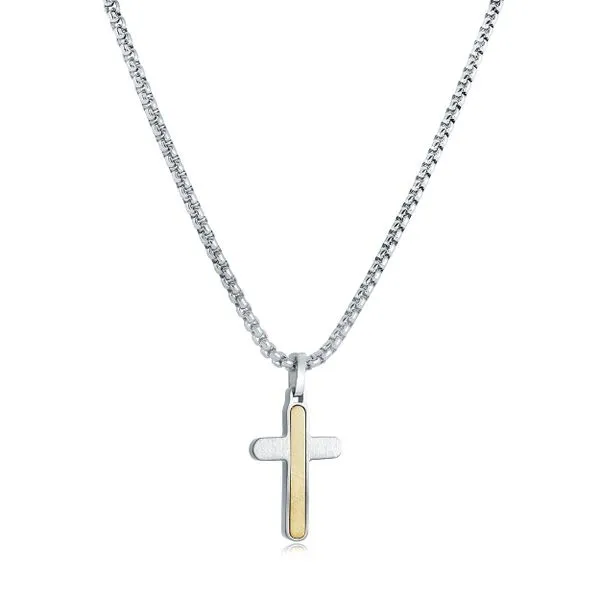 Men's Gold IP Steel Brushed Center Cross, 16+2