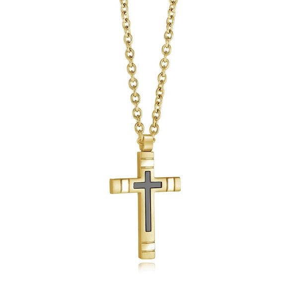 Men's Gold & Black IP Steel Center Cross, 22