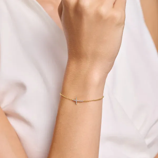 Yellow Gold Plated Cross Bolo Bracelet Image 3 SVS Fine Jewelry Oceanside, NY