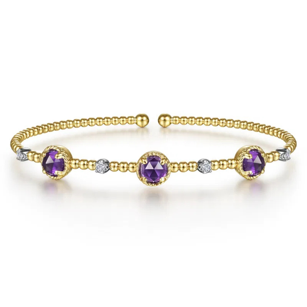 Gabriel & Co. White-Yellow Gold Amethyst and Diamond Station Bujukan Bangle SVS Fine Jewelry Oceanside, NY