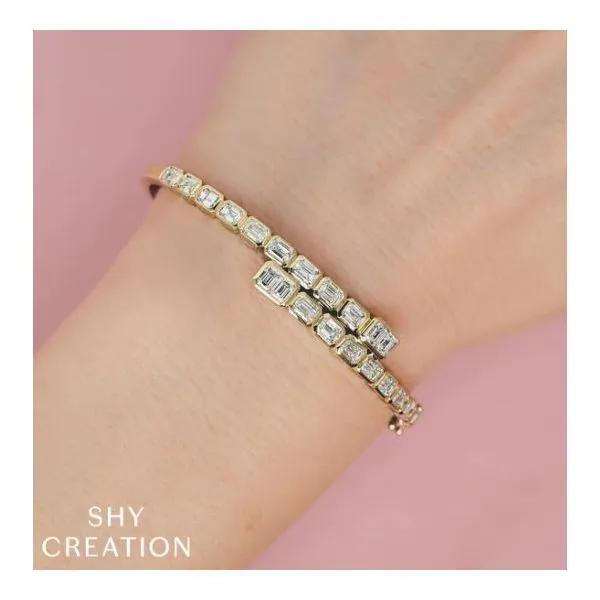 Shy Creation White Gold Diamond Emerald Bezel Bangle Image 2 SVS Fine Jewelry Oceanside, NY