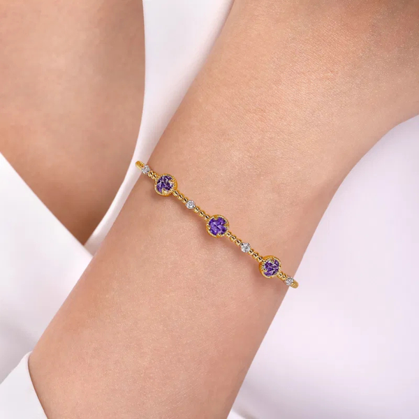Gabriel & Co. White-Yellow Gold Amethyst and Diamond Station Bujukan Bangle Image 4 SVS Fine Jewelry Oceanside, NY