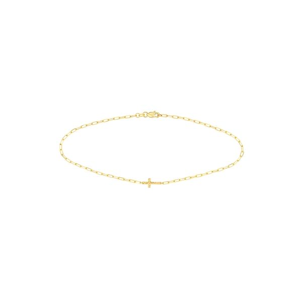 Yellow Gold Hammered Mini Cross Paper Clip Anklet SVS Fine Jewelry Oceanside, NY