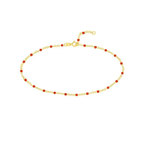Yellow Gold & Red Enamel Bead Anklet, 10