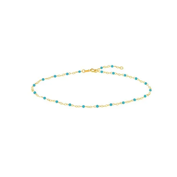 Yellow Gold & Light Turquoise Enamel Bead Anklet