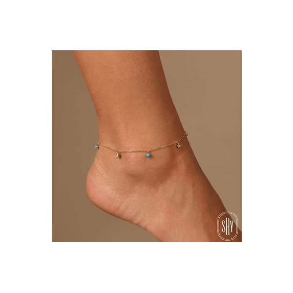Shy Creation Yellow Gold, Diamond, & Turquoise Anklet Image 2 SVS Fine Jewelry Oceanside, NY