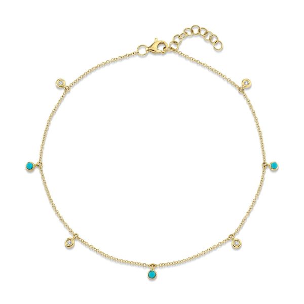 Shy Creation Yellow Gold, Diamond, & Turquoise Anklet SVS Fine Jewelry Oceanside, NY