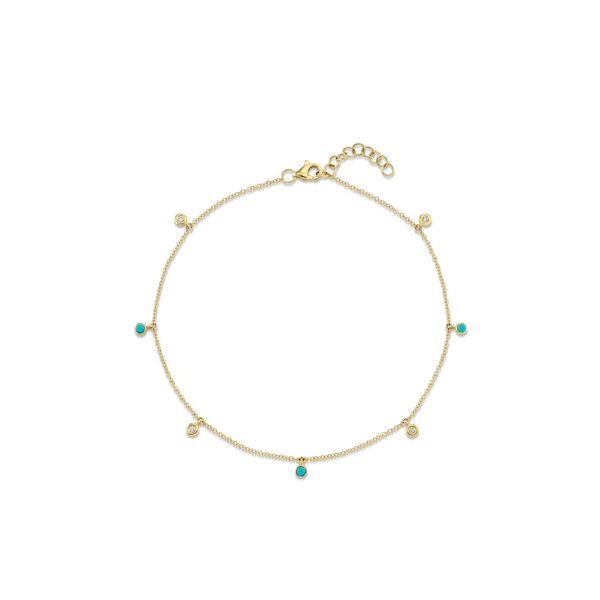 Shy Creation Yellow Gold, Diamond, & Turquoise Anklet SVS Fine Jewelry Oceanside, NY