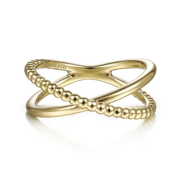 Gabriel & Co. Bujukan Yellow Gold Bead Criss Cross Ring SVS Fine Jewelry Oceanside, NY