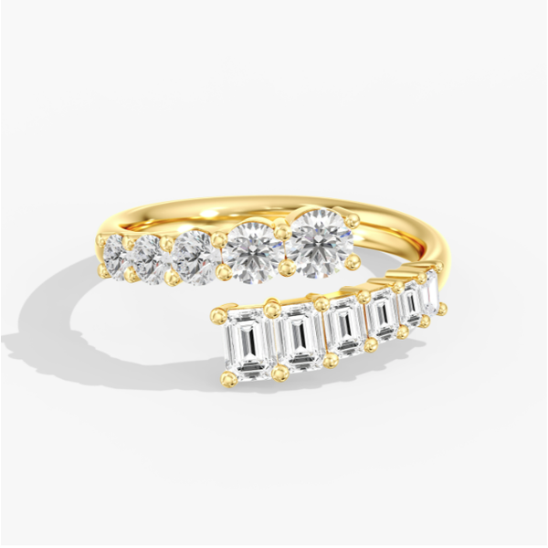 Yellow Gold Round And Emerald Lab Grown Diamond Ring SVS Fine Jewelry Oceanside, NY