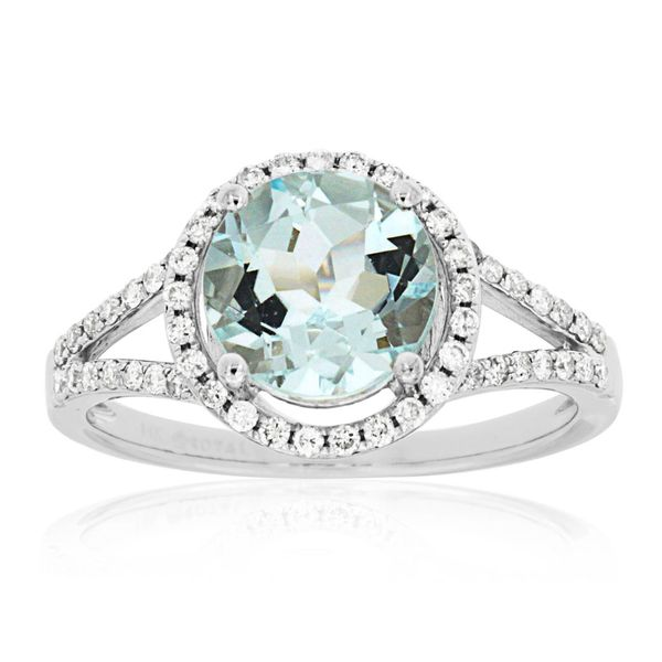 14K White Gold, Diamond, & Aquamarine Halo Ring SVS Fine Jewelry Oceanside, NY