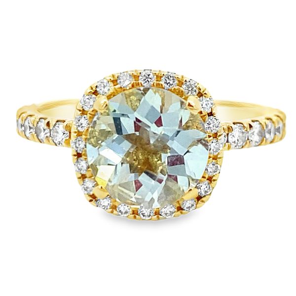Round Aquamarine Diamond Halo Engagement Ring in 14k Yellow Gold SVS Fine Jewelry Oceanside, NY