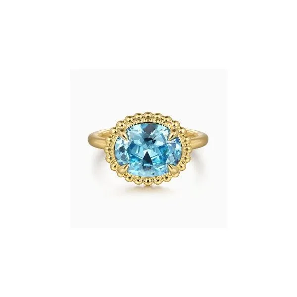 Gabriel & Co. Bujukan Yellow Gold & Blue Topaz Ring SVS Fine Jewelry Oceanside, NY
