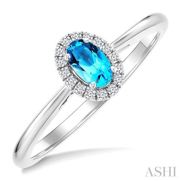 White Gold Oval Blue Topaz Halo Diamond Ring SVS Fine Jewelry Oceanside, NY