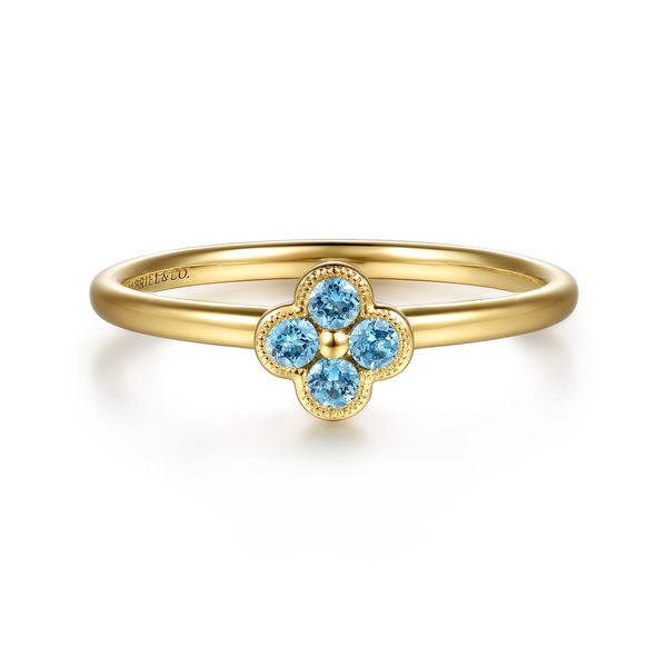 Gabriel & Co. Contemporary Yellow Gold And Blue Topaz Ring SVS Fine Jewelry Oceanside, NY