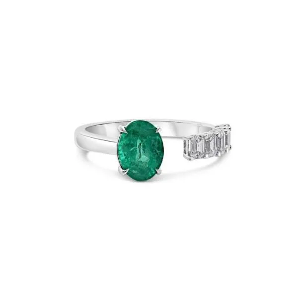Emerald and Diamond Open Ring - 18K White Gold SVS Fine Jewelry Oceanside, NY