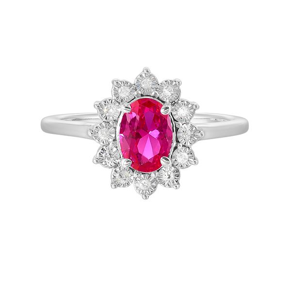 Sterling Silver, Diamond, And Created Ruby Halo Ring SVS Fine Jewelry Oceanside, NY