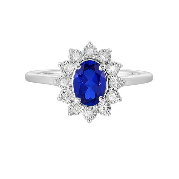 Sterling Silver, Diamond, And Created Sapphire Halo Ring SVS Fine Jewelry Oceanside, NY