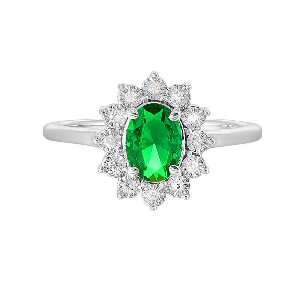 Sterling Silver, Diamond, And Created Emerald Halo Ring SVS Fine Jewelry Oceanside, NY