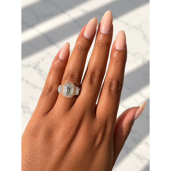 Simon G Three Stone Halo Engagement Ring, Emerald Cut, Natural Pink Diamond Accents, 18K Two-Tone Image 5 SVS Fine Jewelry Oceanside, NY