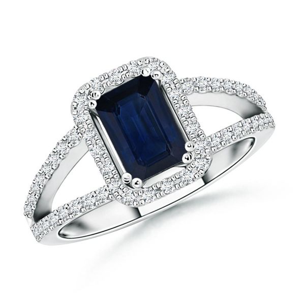 White Gold, Diamond and Sapphire Halo Split Shank Engagement Ring SVS Fine Jewelry Oceanside, NY