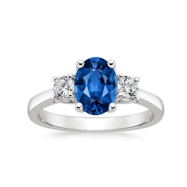 14k White Gold, Diamond and Sapphire Oval 3-Stone Engagement ring 0.66Cttw SVS Fine Jewelry Oceanside, NY