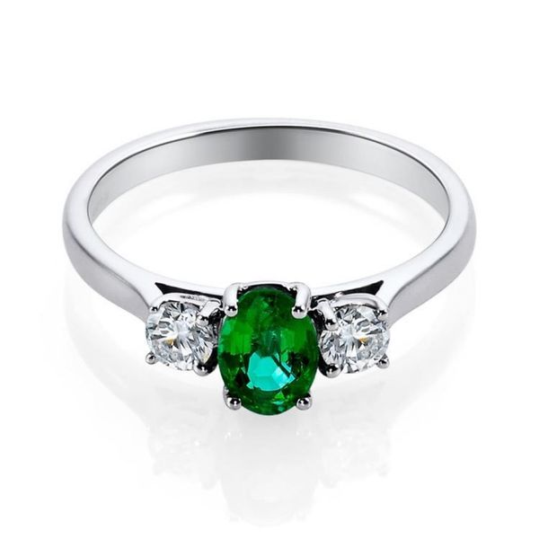 White Gold, Diamond and Emerald Oval 3-Stone Engagement Ring SVS Fine Jewelry Oceanside, NY