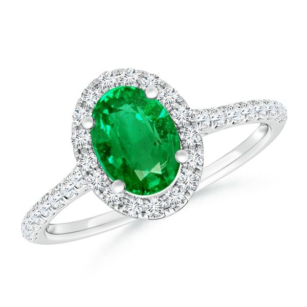 White Gold, Diamond and Oval Emerald Halo Engagement Ring SVS Fine Jewelry Oceanside, NY