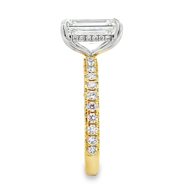 Centurion 3.10ct emerald cut lab grown diamond hidden halo engagement ring in 14K yellow and white gold, alternate view