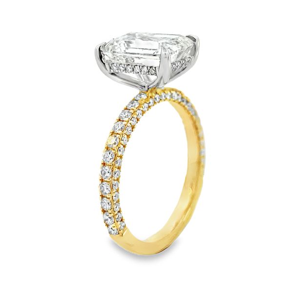 Centurion 3.10ct emerald cut lab grown diamond hidden halo engagement ring in 14K yellow and white gold, alternate view