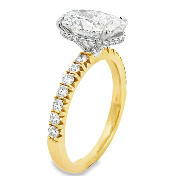 Centurion 2.65ct oval lab grown diamond hidden halo engagement ring in 14K yellow and white gold, alternate view