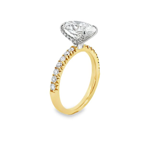 Centurion 2.50ct oval lab grown diamond hidden halo engagement ring in 14K yellow and white gold, alternate view