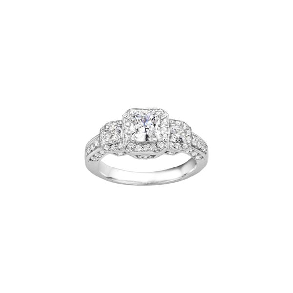 True Romance 14K White Gold Three Stone Halo Engagement Ring SVS Fine Jewelry Oceanside, NY