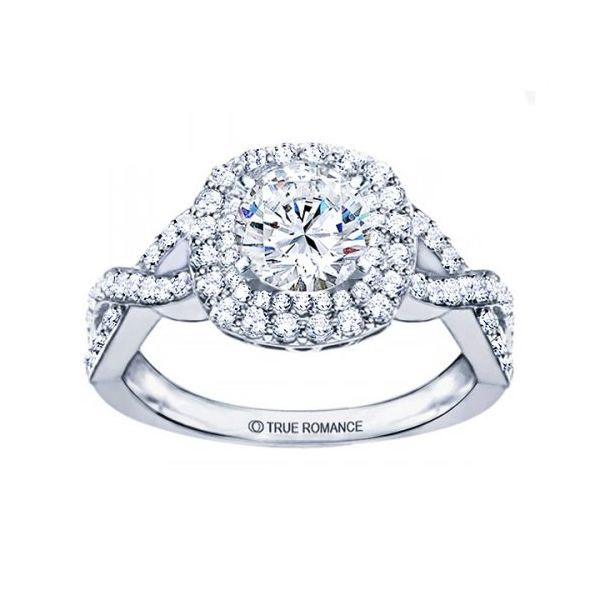 True Romance 14K White Gold Twisted Shank Cushion Halo Engagement Ring SVS Fine Jewelry Oceanside, NY