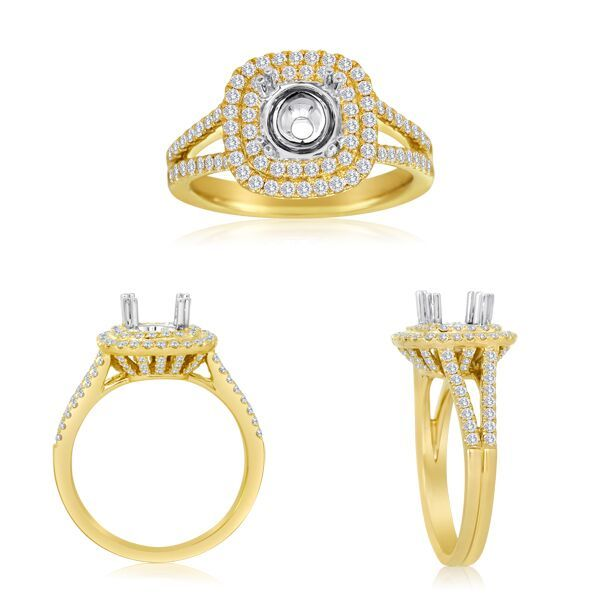 Yellow Gold Double Cushion Halo Split Shank Diamond Engagement Ring SVS Fine Jewelry Oceanside, NY